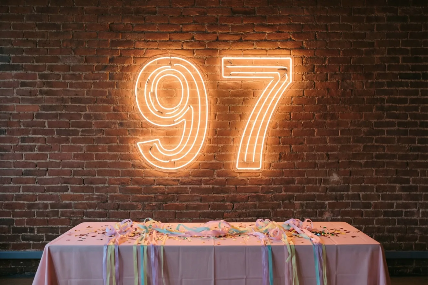 Een oranje neongetal 97 hangt aan een rode bakstenen muur boven een tafel met een roze tafelkleed en kleurrijke slingers.