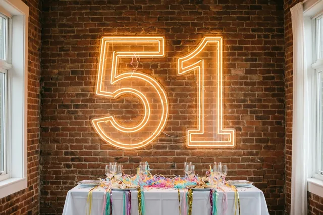 Een groot neonteken met 51 in warm oranje licht hangt aan een rode bakstenen muur boven een tafel met een wit kleed, kleurrijke slingers en glazen.