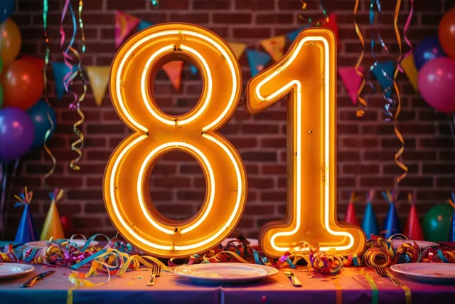Een groot oranje neonbord met 81 hangt boven een tafel met slingers en borden, tegen een bakstenen muur met ballonnen en feestvlaggetjes.