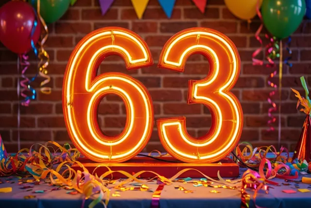 Een groot oranje neongetal 63 staat op een tafel met serpentines en confetti, voor een rode bakstenen muur met ballonnen en vlaggetjes.