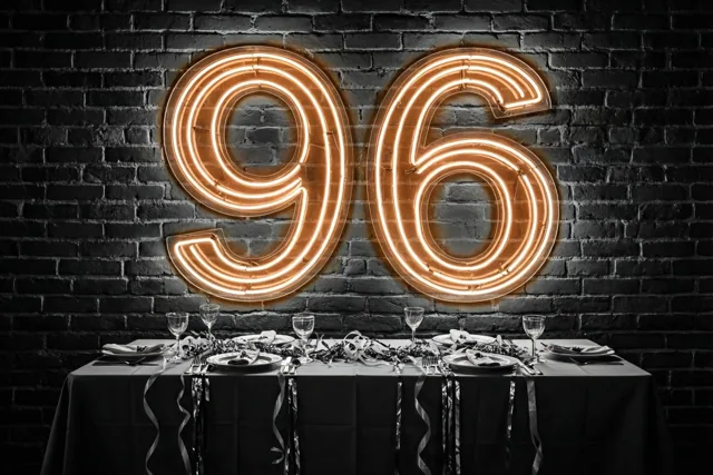 Grote oranje neoncijfers vormen 96 boven een feesttafel met slingers tegen een donkere bakstenen muur.