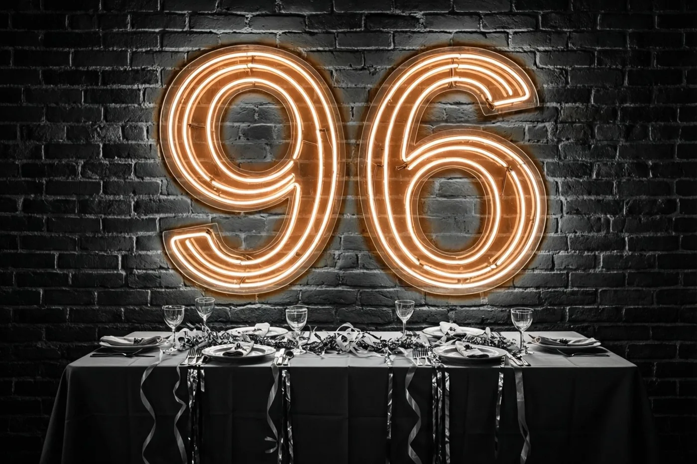 Grote oranje neoncijfers vormen 96 boven een feesttafel met slingers tegen een donkere bakstenen muur.