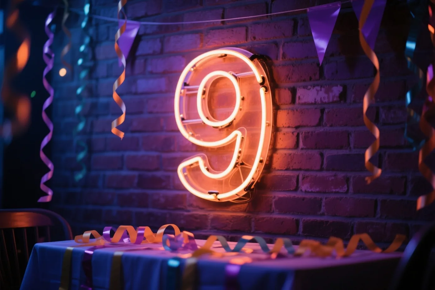 Een lichtgevende neonnegen hangt aan een bakstenen muur boven een feesttafel met slingers, in warm oranje licht tegen een paarse en blauwe gloed.