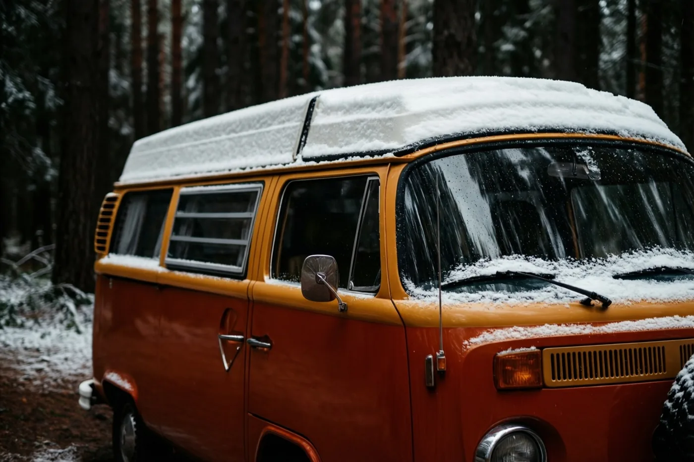 Een oranje-rode kampeerbus uit de jaren zestig staat op een besneeuwde open plek in een bos, met een dikke laag sneeuw op het dak en de voorruit.