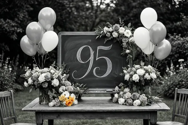 Een krijtbord met een sierlijke 95 staat op een houten tuintafel tussen bloemstukken en witte en zilveren ballonnen, in zwart-wit met alleen de oranje rozen in kleur.