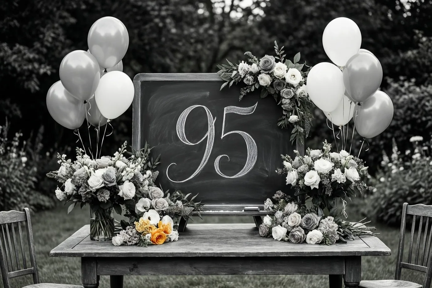 Een krijtbord met een sierlijke 95 staat op een houten tuintafel tussen bloemstukken en witte en zilveren ballonnen, in zwart-wit met alleen de oranje rozen in kleur.