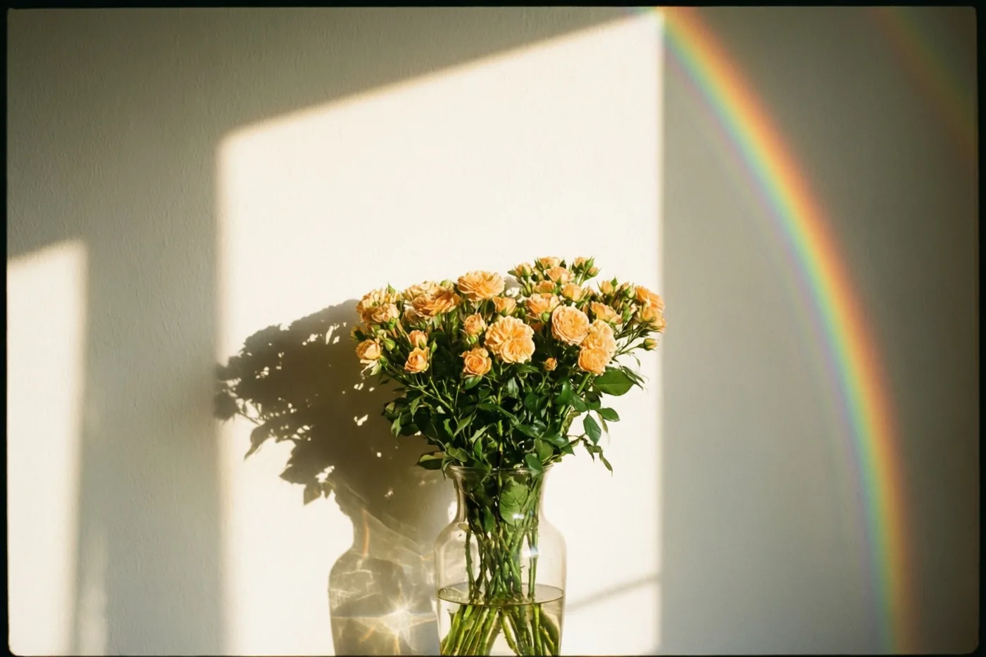 Een glazen vaas met oranje rozen staat op een witte ondergrond en werpt in warm zonlicht een schaduw en een regenboog op de muur.
