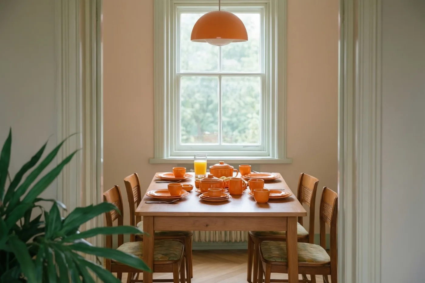 Door een deuropening is een houten ontbijttafel met oranje servies en sinaasappelsap te zien, in een kamer met lichtroze muren, een oranje hanglamp en een wit raam met uitzicht op groen.