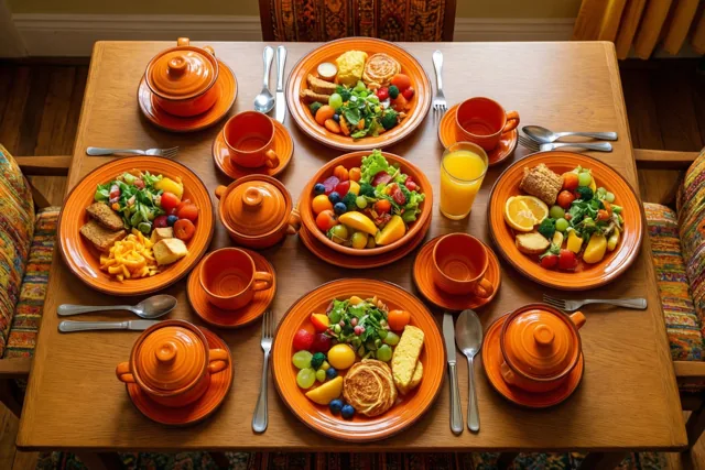 Op een houten tafel staan oranje keramische borden, kopjes en kommen met deksels bij een ontbijt met fruit, salade en pannenkoeken in warm licht.
