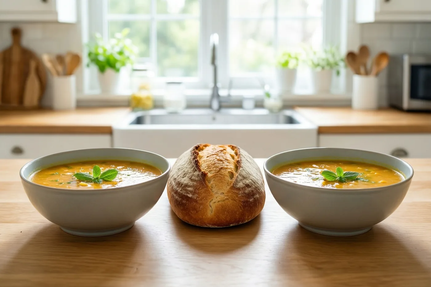 Twee kommen oranje soep met groene garnering staan aan weerszijden van een brood op een houten tafel, met een lichte keuken, raam en spoelbak erachter.