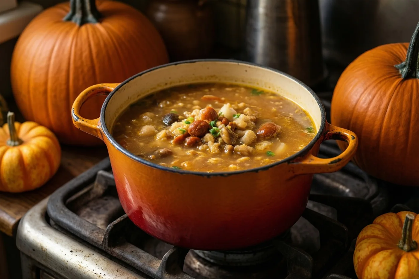 Een oranje geëmailleerde kookpot met goedgevulde soep staat op een oud gasfornuis, omringd door pompoenen in warme herfstkleuren.