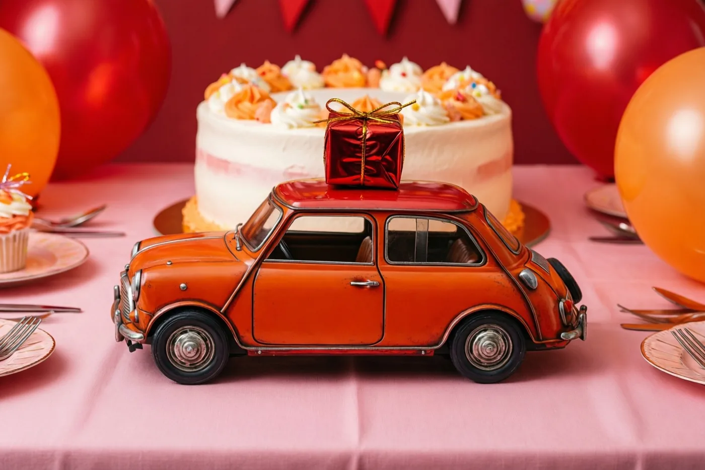 Een oranje blikken speelgoedauto met een rood cadeautje op het dak staat op een roze tafelkleed voor een verjaardagstaart, tussen rode en oranje ballonnen en feestvlaggetjes.