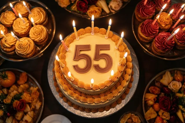 Een taart met meerdere lagen, oranje glazuur, brandende kaarsjes en een papieren versiering met 55 staat tussen cupcakes en bloemstukken op een donkere tafel.
