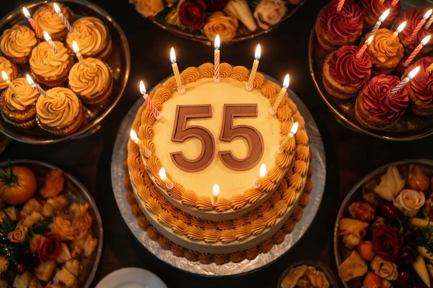 Een taart met meerdere lagen, oranje glazuur, brandende kaarsjes en een papieren versiering met 55 staat tussen cupcakes en bloemstukken op een donkere tafel.