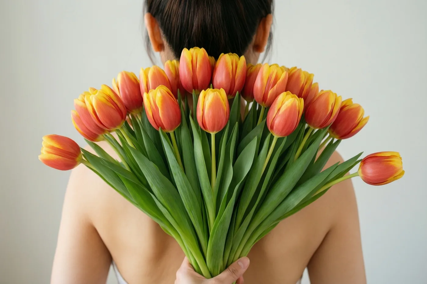 Een persoon staat met de rug naar de camera en houdt een groot boeket oranje en gele tulpen dat het gezicht verbergt, tegen een effen lichtgrijze achtergrond.