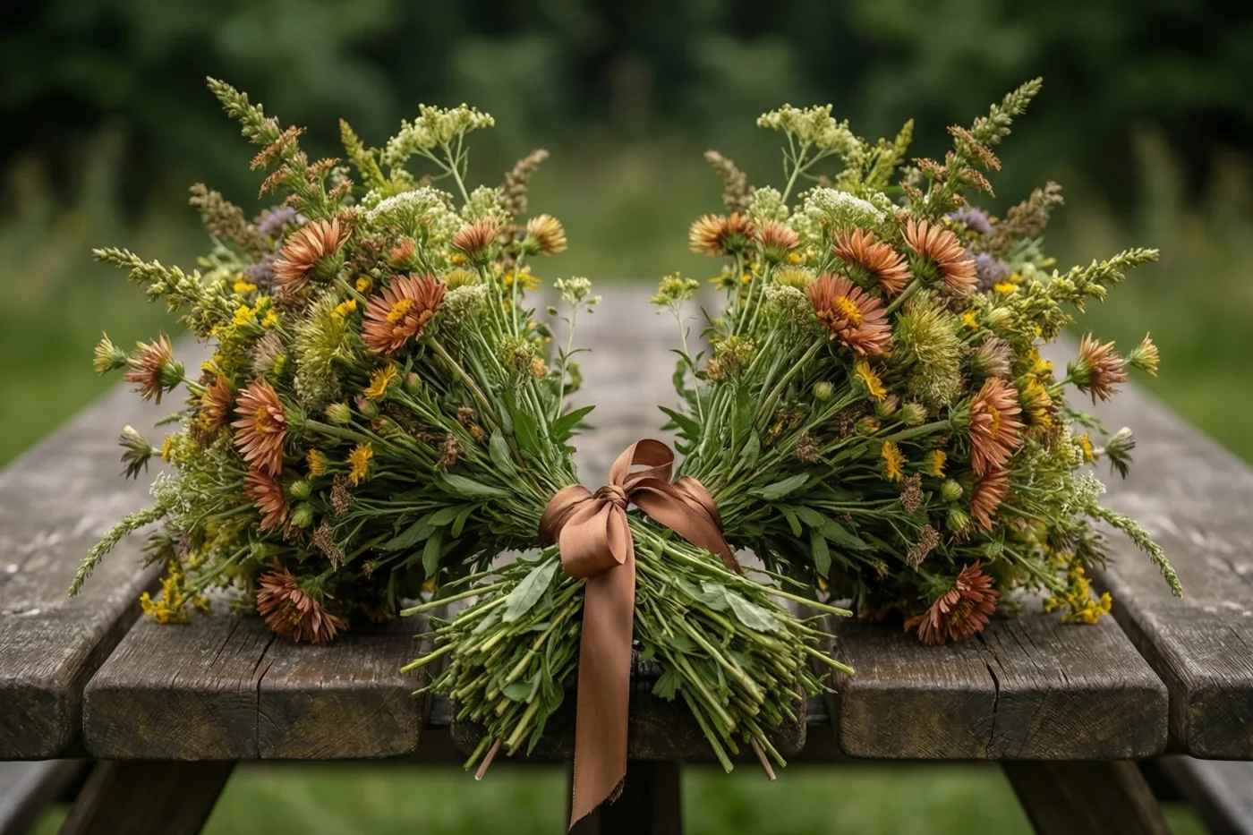 Twee symmetrische bosjes veldbloemen met oranje margrieten en groen blad liggen samengebonden met één bruin lint op een verweerde houten picknicktafel tegen een onscherpe groene achtergrond.