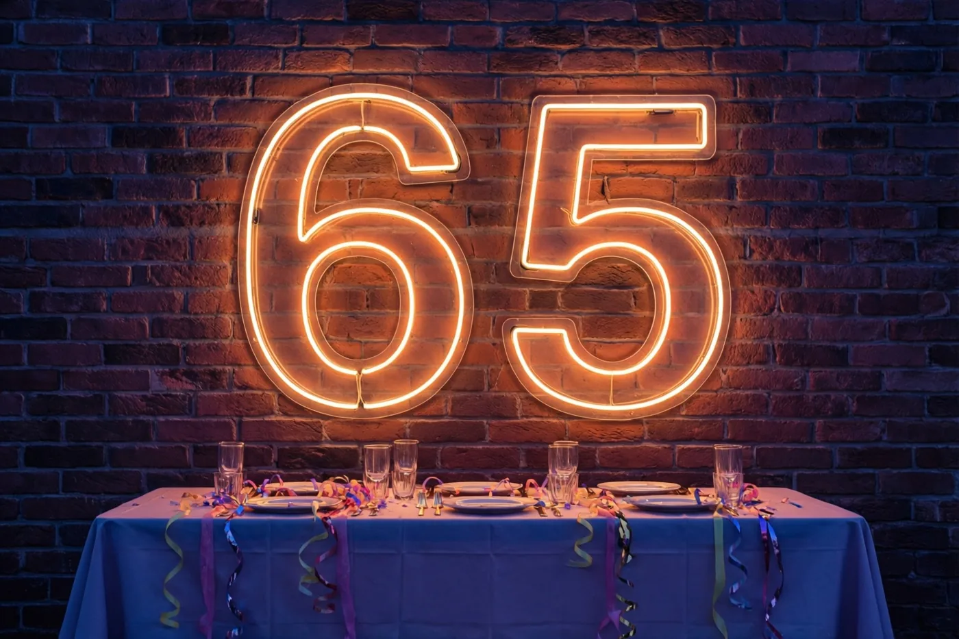 Een oranje neongetal 65 hangt aan een donkere bakstenen muur boven een tafel met een blauw tafelkleed, kleurrijke slingers en glazen.