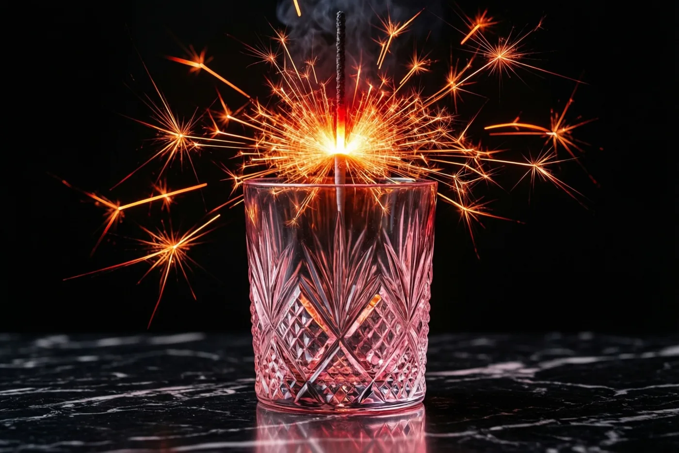 Een brandend sterretje verspreidt feloranje vonken vanuit een geslepen kristallen glas op zwart marmer tegen een donkere achtergrond.