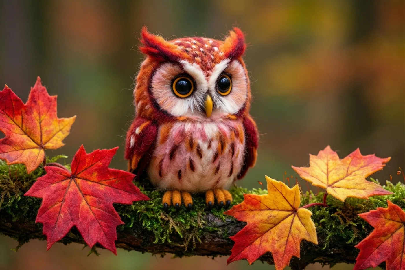 Een klein oranje-wit uiltje van vilt zit op een bemoste tak tussen felrode en gele esdoornbladeren, met een wazig herfstbos op de achtergrond.