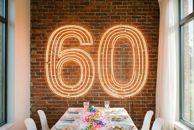 Een oranje neongetal 60 hangt aan een rode bakstenen muur boven een feesttafel met borden, glazen en kleurrijke slingers.