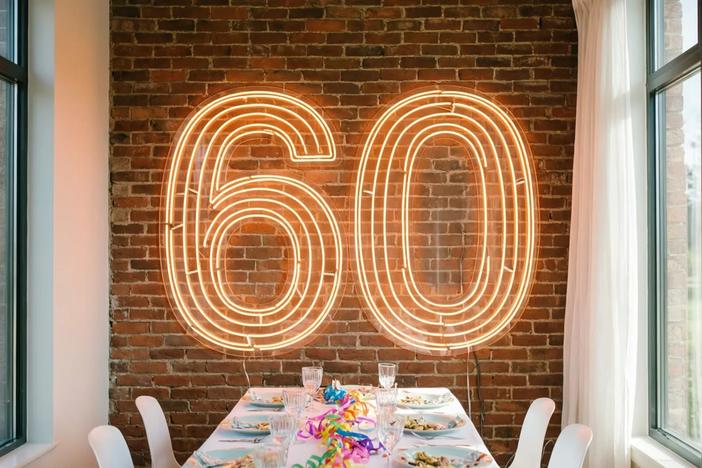 Een oranje neongetal 60 hangt aan een rode bakstenen muur boven een feesttafel met borden, glazen en kleurrijke slingers.