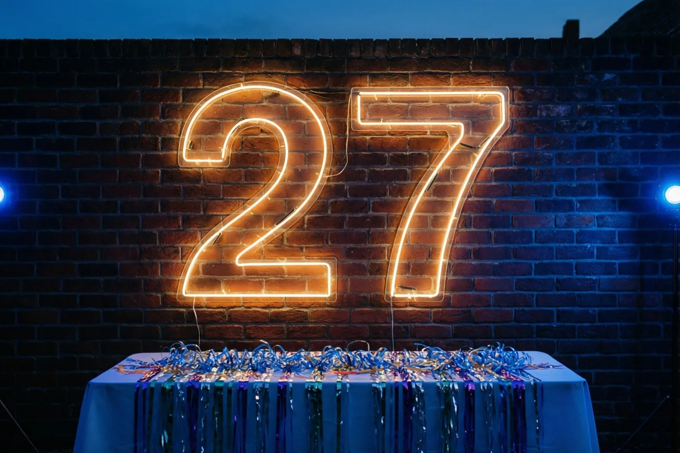 Een groot oranje neonlicht vormt 27 op een donkere bakstenen muur boven een tafel met blauwe en zilveren slingers, in blauw nachtelijk licht.