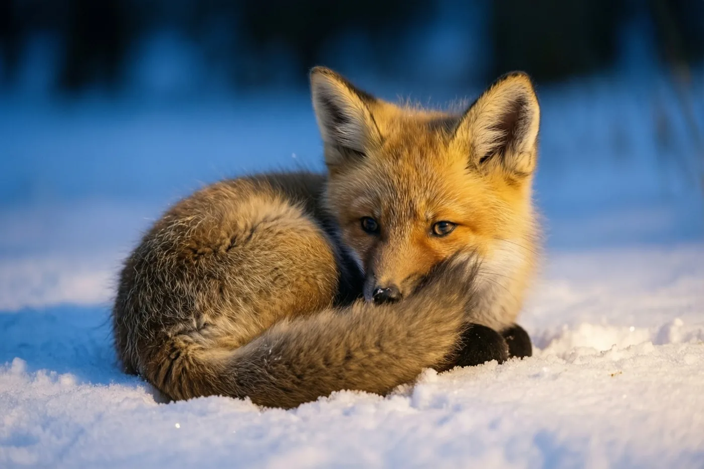 Een jong vosje met oranjebruine vacht ligt opgerold in de sneeuw met zijn staart over zijn neus, omgeven door zachte blauwe en witte tinten.