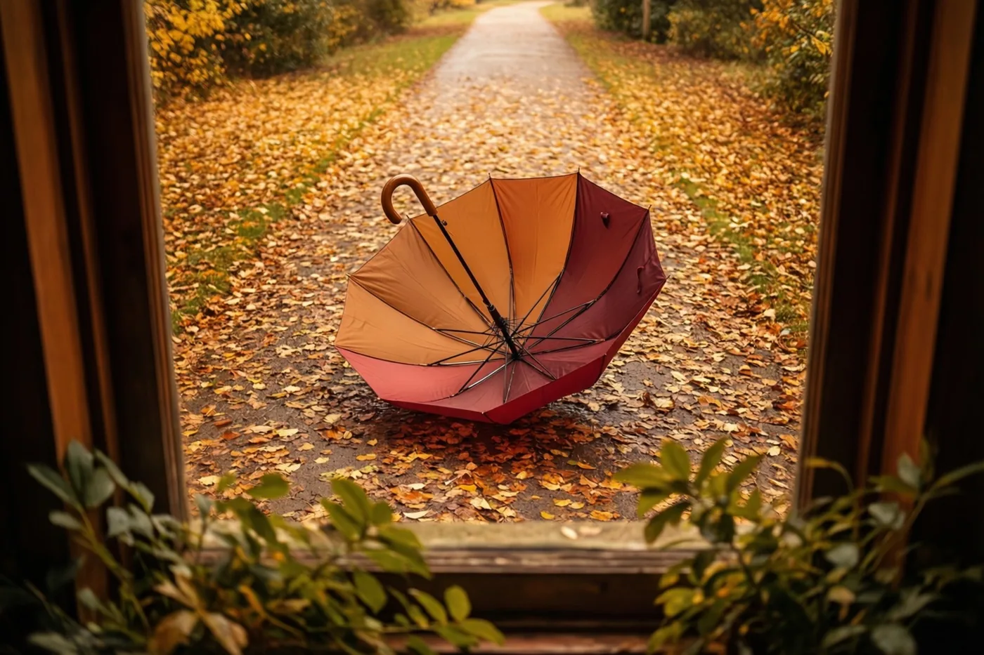 Door een raamkader is een open paraplu met een kleurverloop van oranje naar rood te zien die ondersteboven op een bladerpad ligt tussen bomen met goudkleurig loof.