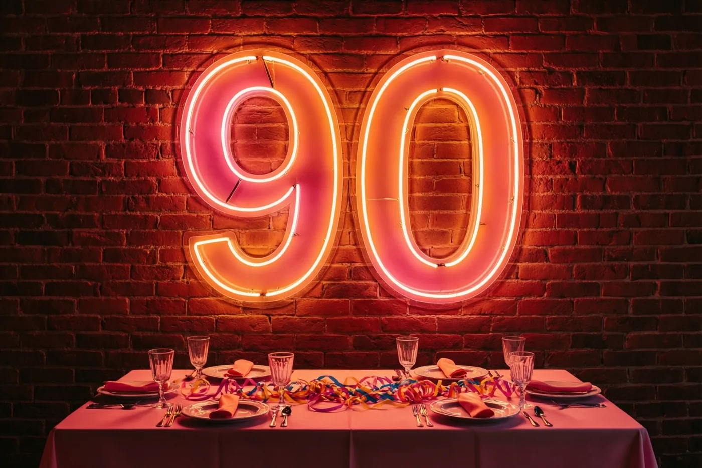 Een groot neongetal 90 in warm oranjeroze licht hangt aan een rode bakstenen muur boven een gedekte tafel met een roze tafelkleed en kleurrijke slingers.