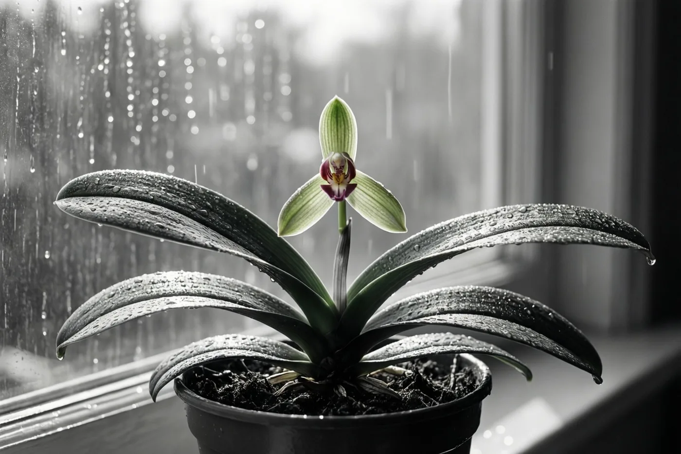 Een orchidee in een pot met één open bloem staat op een vensterbank, met regendruppels op bladeren en bloemblaadjes en wazige waterstrepen op het raam erachter.