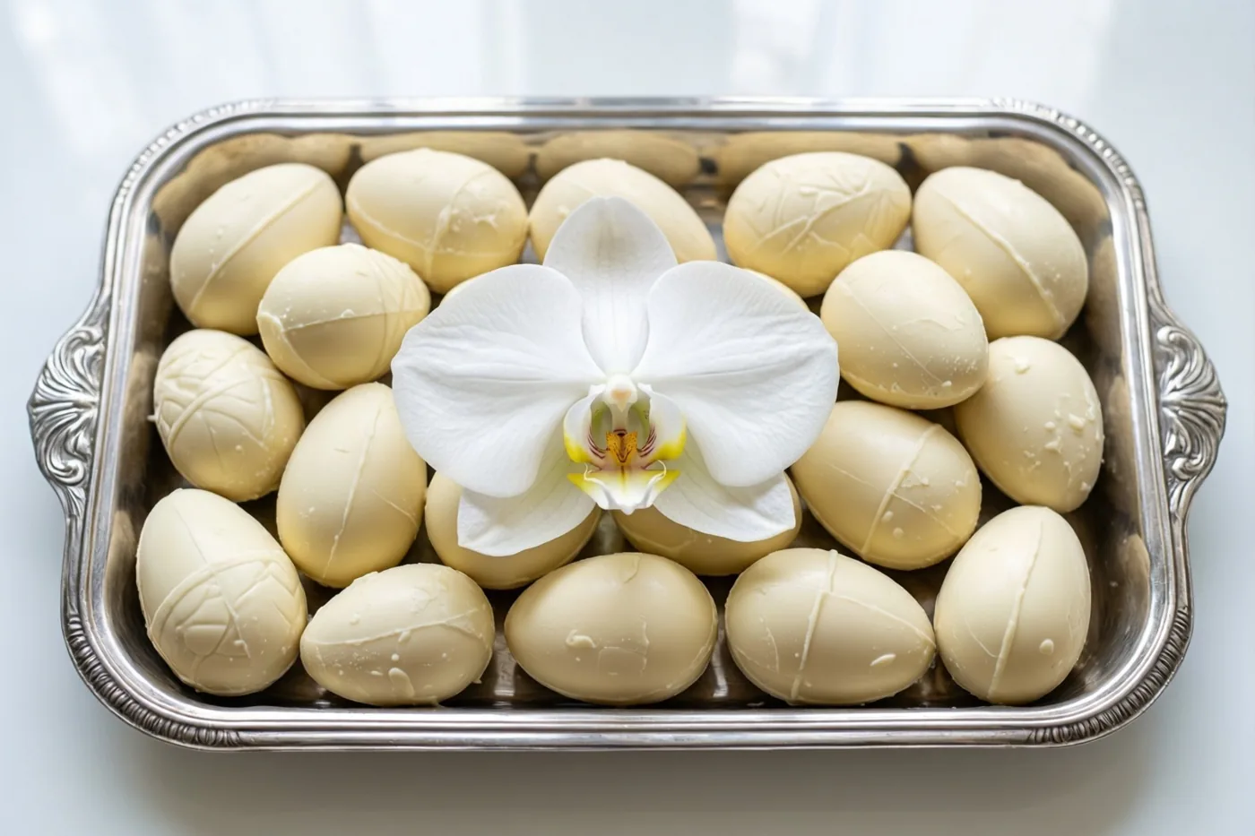 Een zilveren dienblad met witte chocolade-eieren en een witte orchidee in het midden staat tegen een effen witte achtergrond.