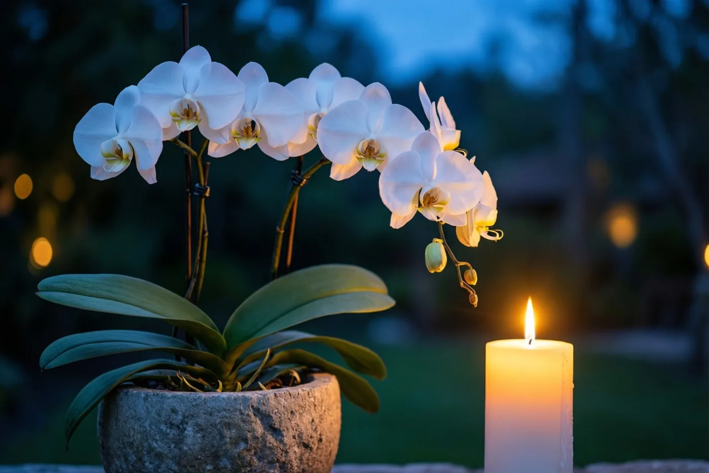 Een witte orchidee met groene bladeren staat in een pot naast een brandende stompkaars, buiten in de schemering met blauw en warm geel licht.