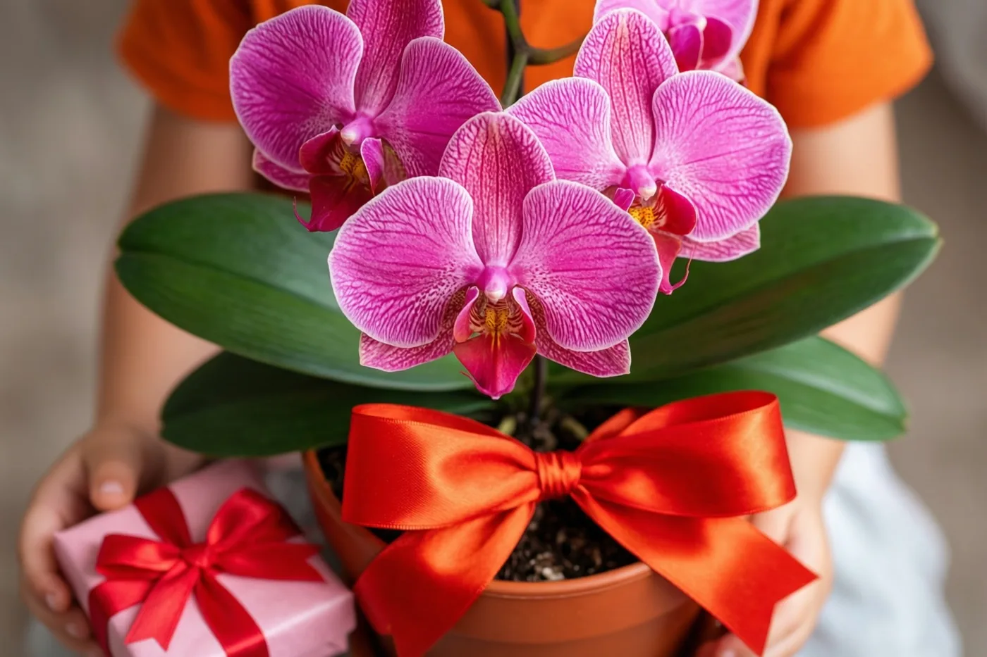 Een kind houdt een roze orchidee in een pot met een groot rood lint en een klein roze geschenkdoosje met een rode strik vast.