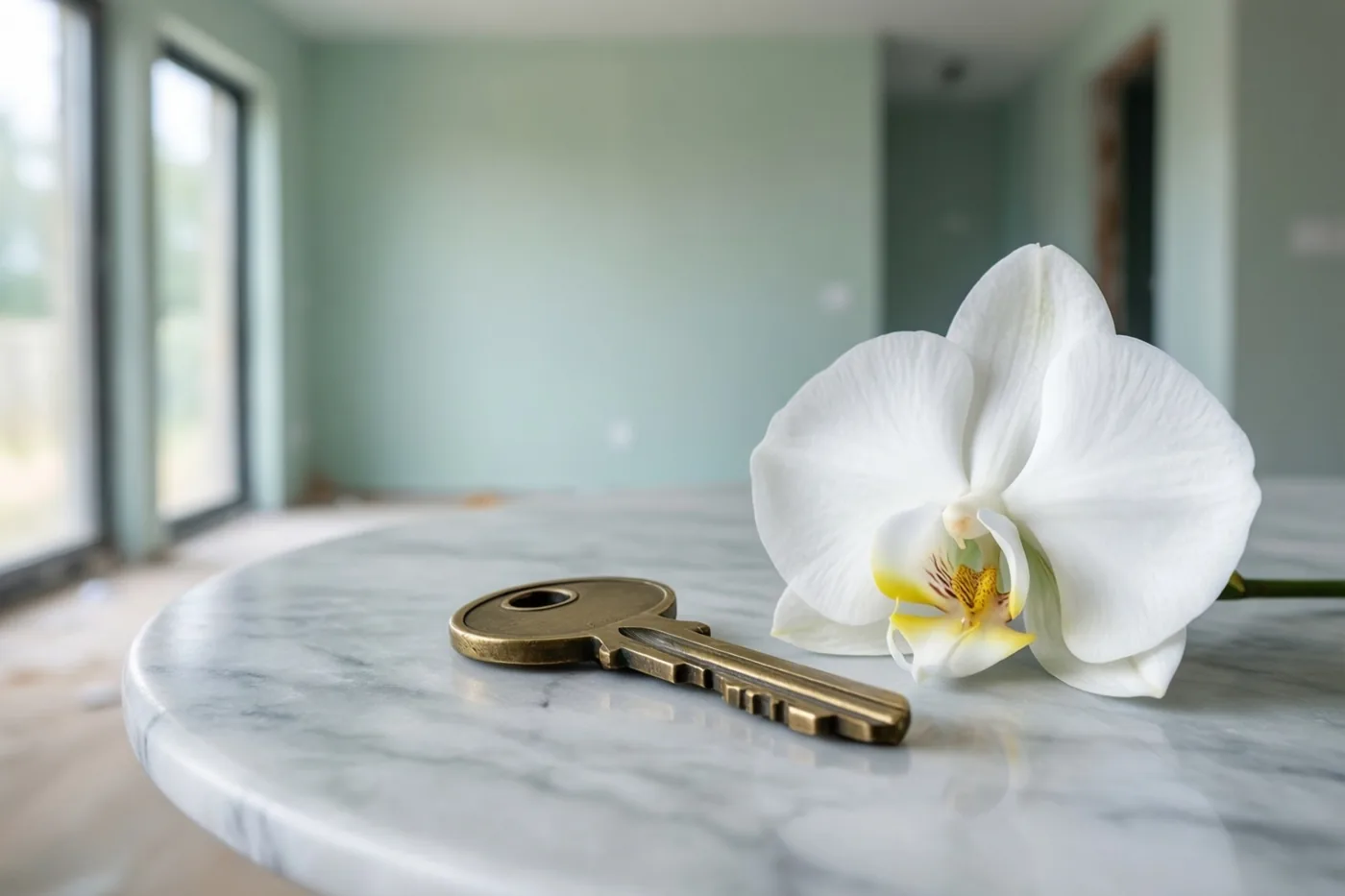 Een messing sleutel en een witte orchidee liggen op een marmeren tafel in een lege, pas geschilderde kamer met lichtgroene muren.