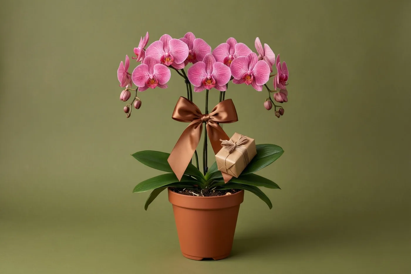 Een roze orchidee in een pot draagt een groot bruin lint rond de stelen en een klein bruin geschenkdoosje op de bladeren, tegen een effen olijfgroene achtergrond.