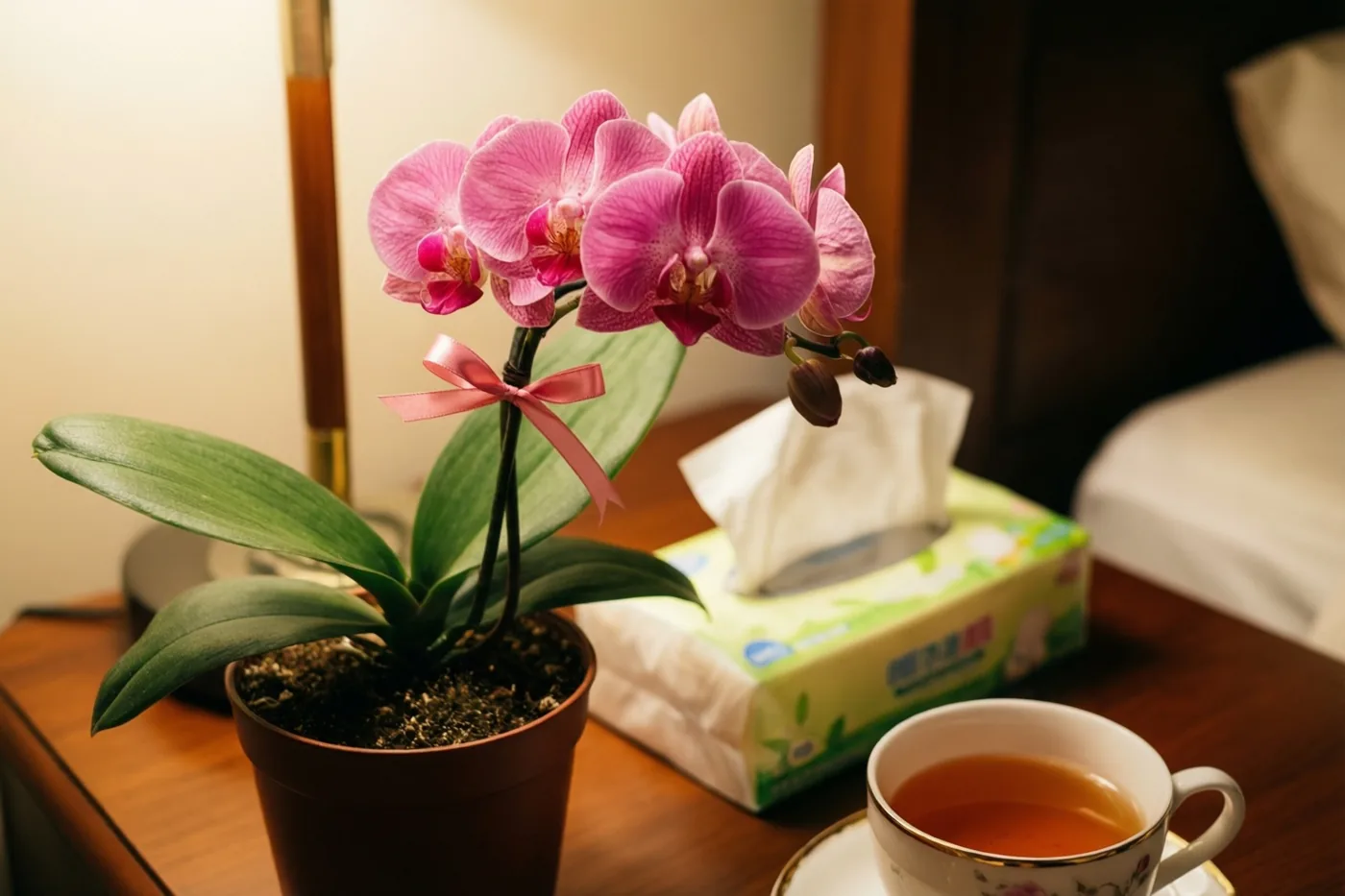 Een roze orchidee in een pot met een roze lint staat naast een doos zakdoekjes en een kop thee met honing op een houten nachtkastje in warm licht.