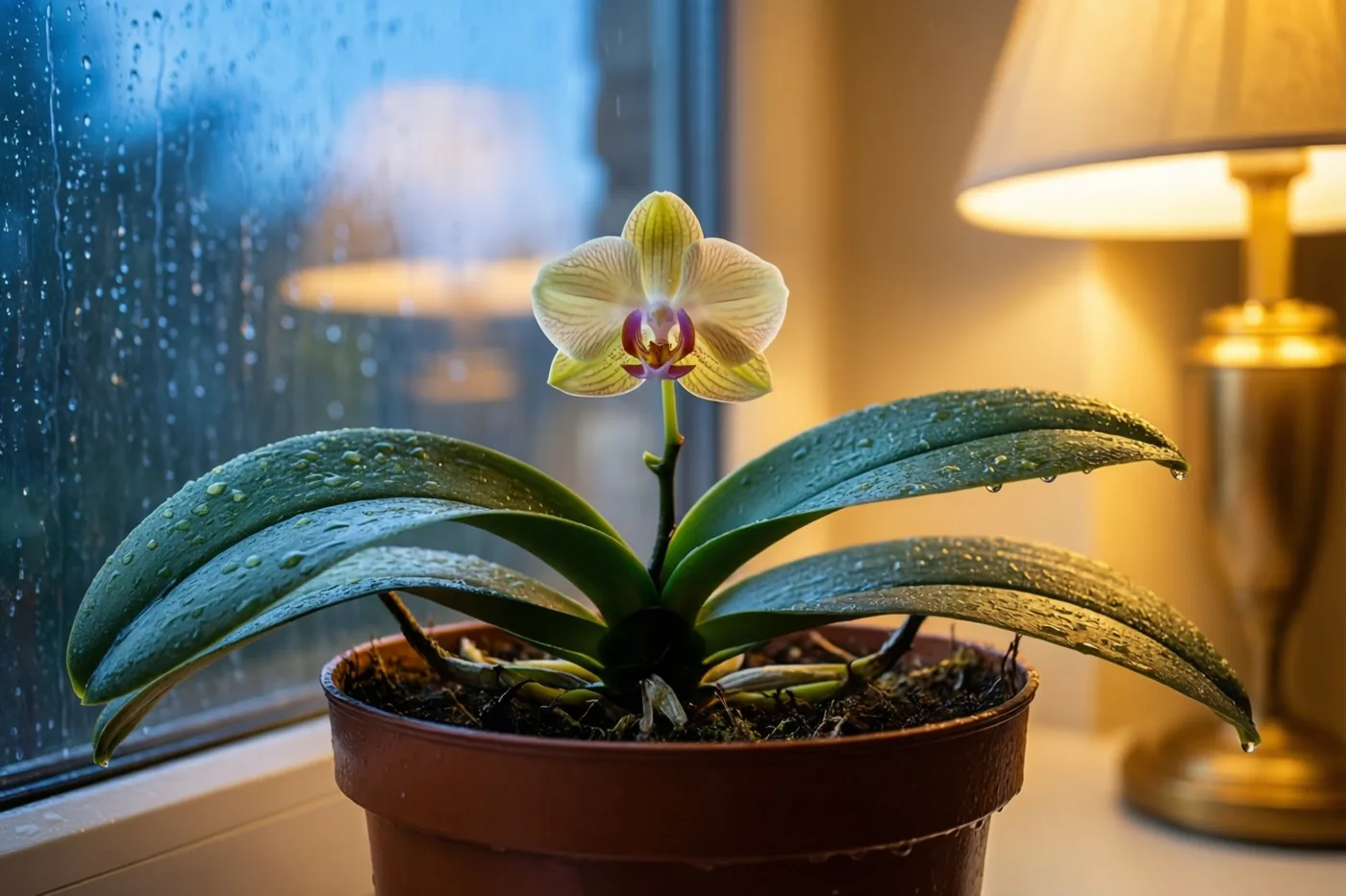 Een orchidee in een pot met één open bloem en regendruppels op bladeren en bloemblaadjes staat op een vensterbank voor een regenraam, met een warm brandende lamp op de achtergrond.