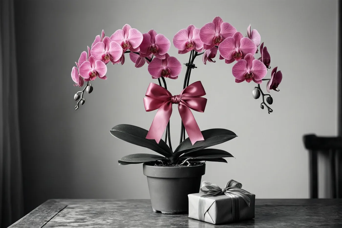 Een roze orchidee in een pot met een groot roze lint staat op een houten tafel naast een zilverkleurig ingepakt cadeautje, tegen een gedempte grijze achtergrond.
