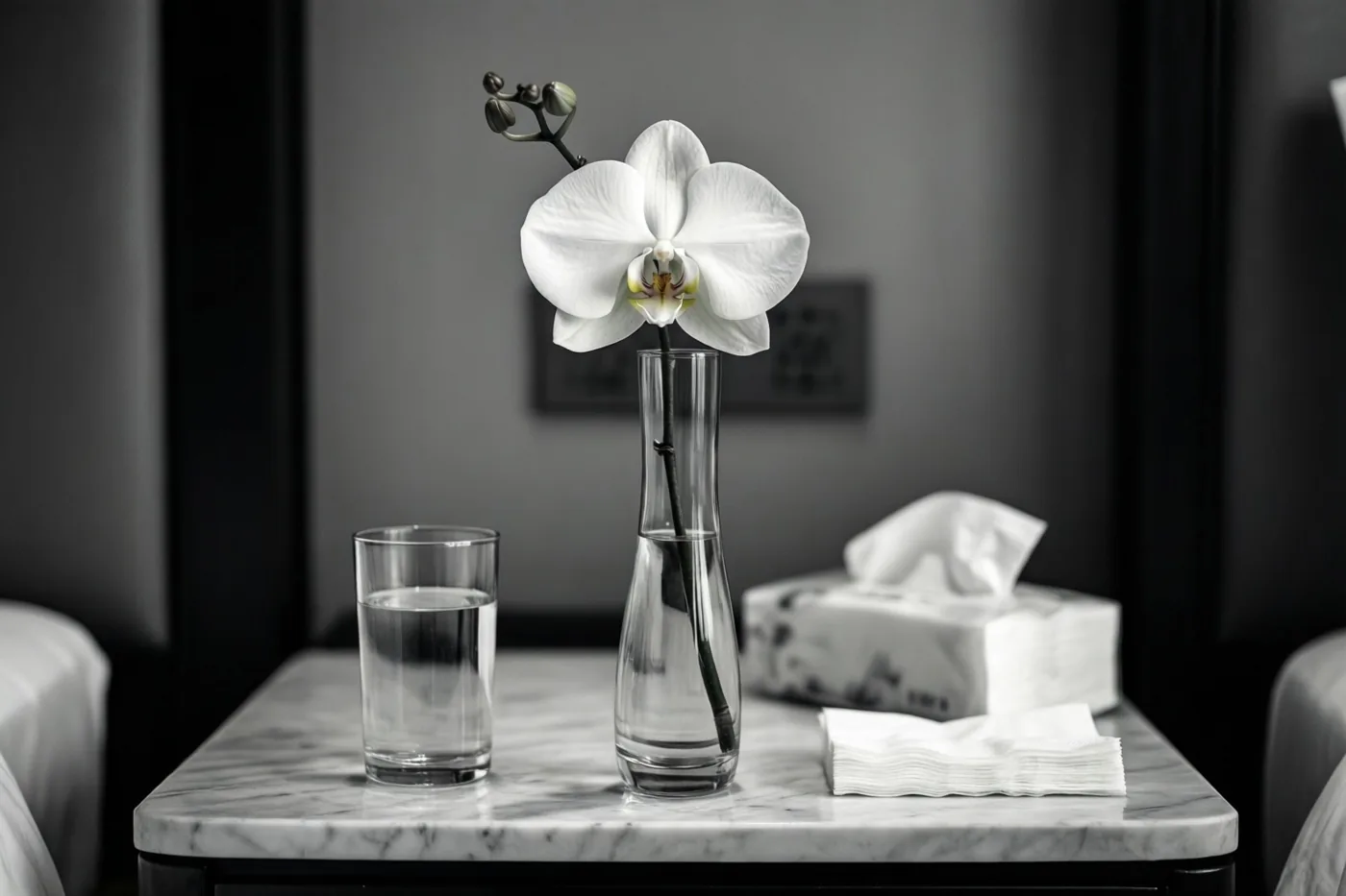 Een witte orchidee in een smalle glazen vaas staat naast een glas water en een doos papieren zakdoekjes op een marmeren nachtkastje tegen een gedempte grijze en zwarte achtergrond.
