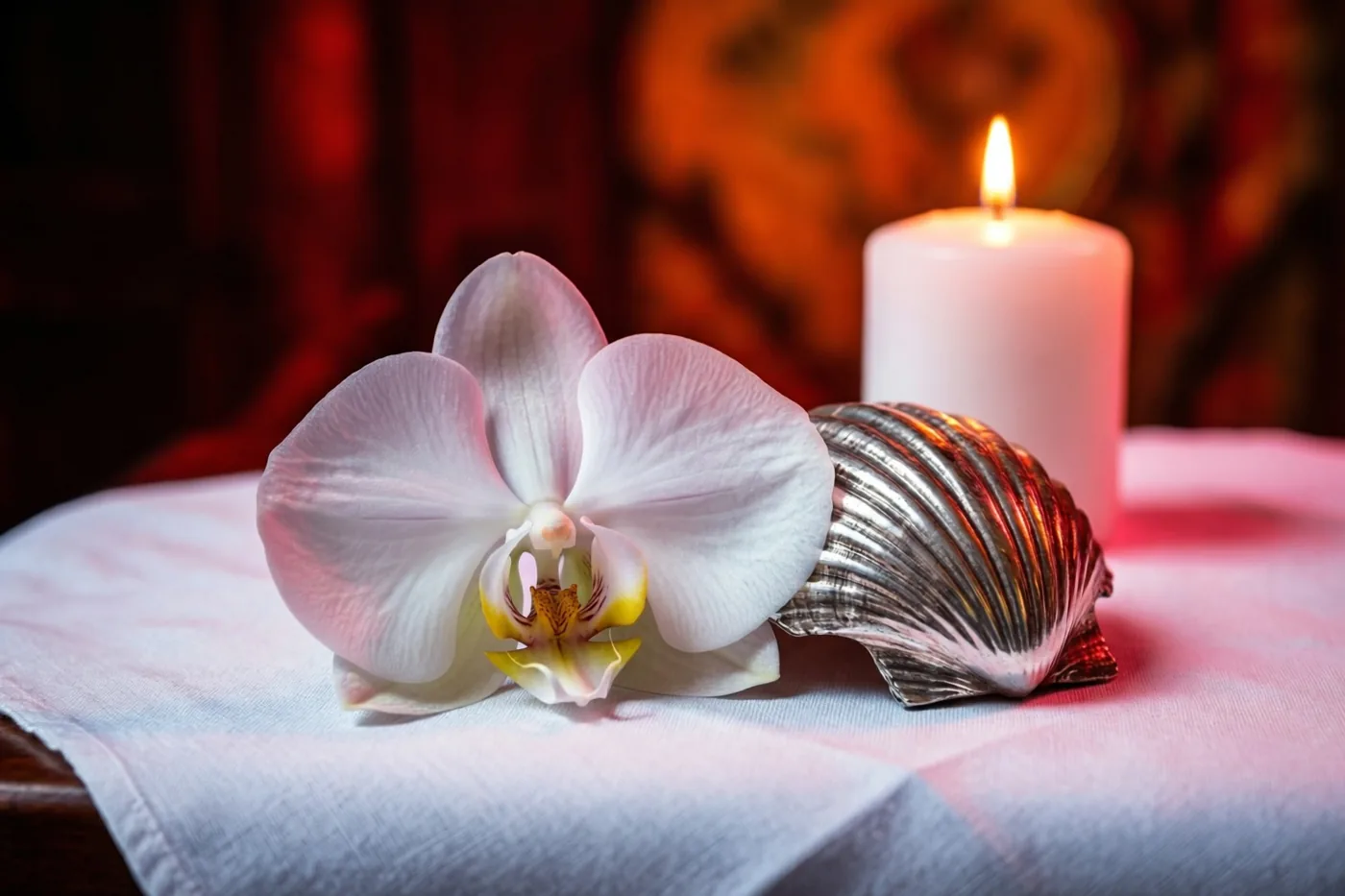 Een witte orchidee bloeit naast een zilveren doopschelp en een brandende witte kaars op fris wit linnen, met warme rode en oranje tinten op de onscherpe achtergrond.