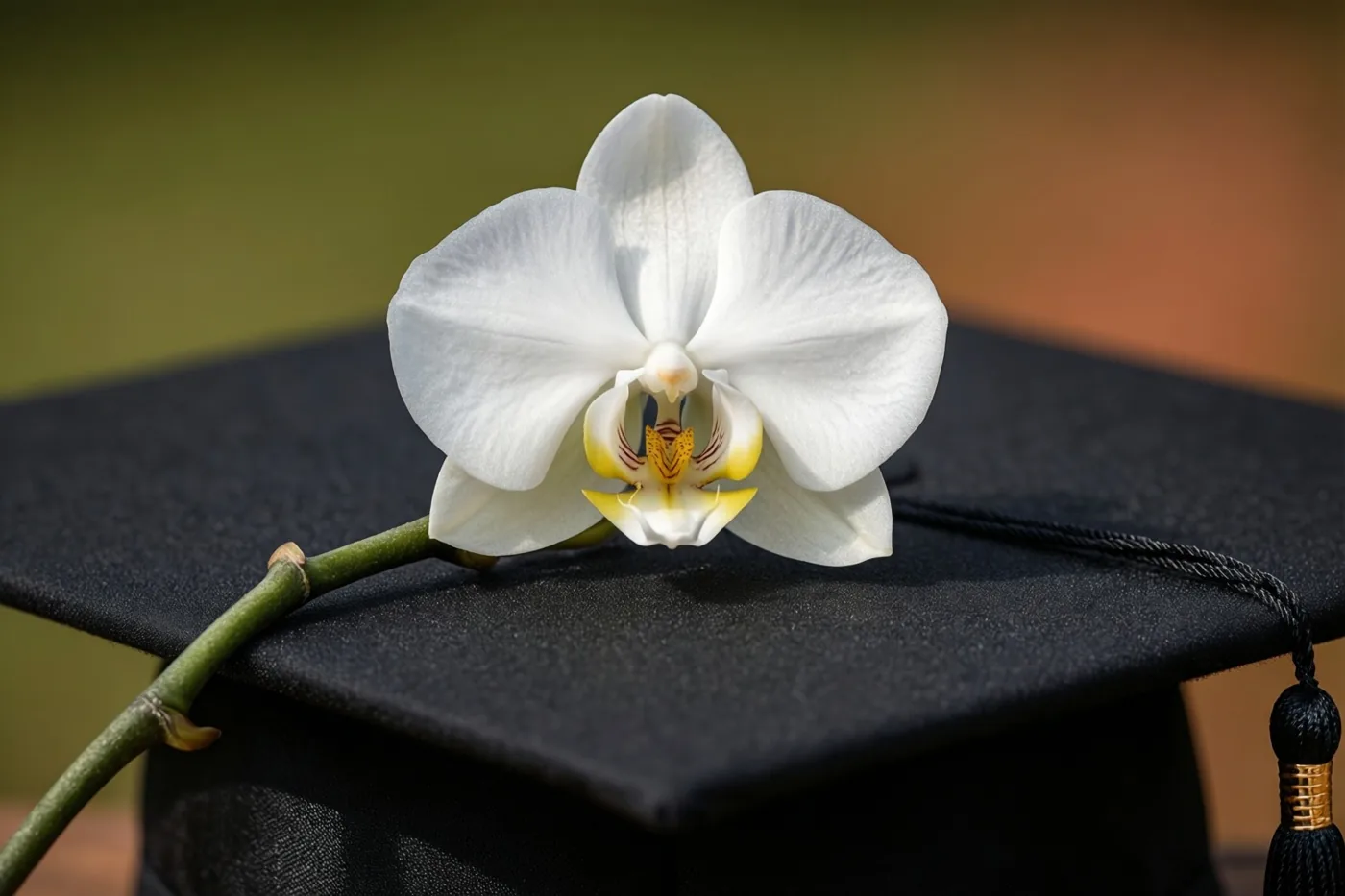 Een witte orchidee met een groene stengel ligt over een zwarte afstudeerhoed, tegen een onscherpe achtergrond in warme groene en oranje tinten.