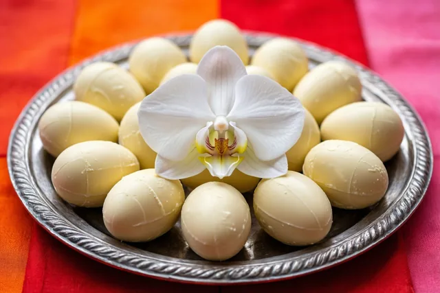 Een bloem tussen de paaseitjes