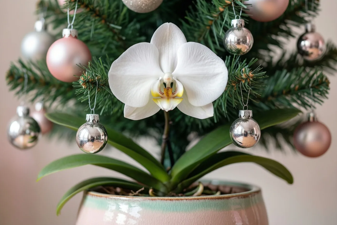 Een witte orchidee in een keramische pot staat voor een kerstboom met zilveren en roze kerstballen.