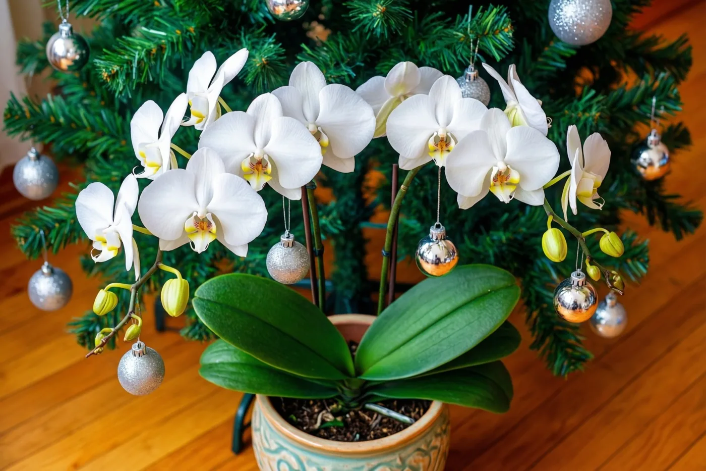 Een witte orchidee in een pot met zilveren kerstballen aan de stengels staat op een houten vloer voor een versierde kerstboom.