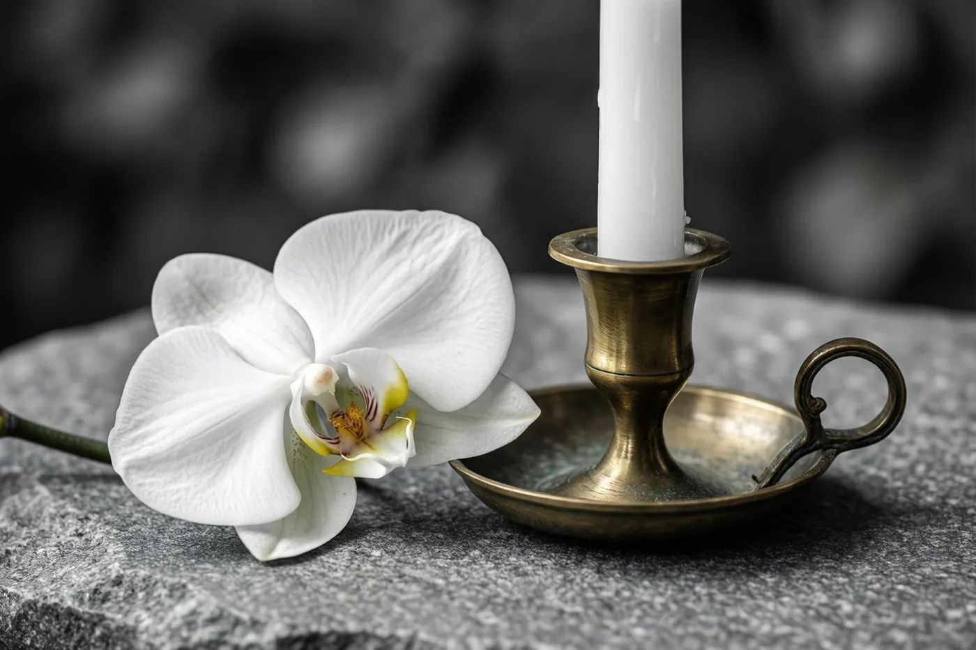 Een witte orchideebloem en een messing kandelaar met een witte kaars staan op grijze steen tegen een achtergrond in één kleur.