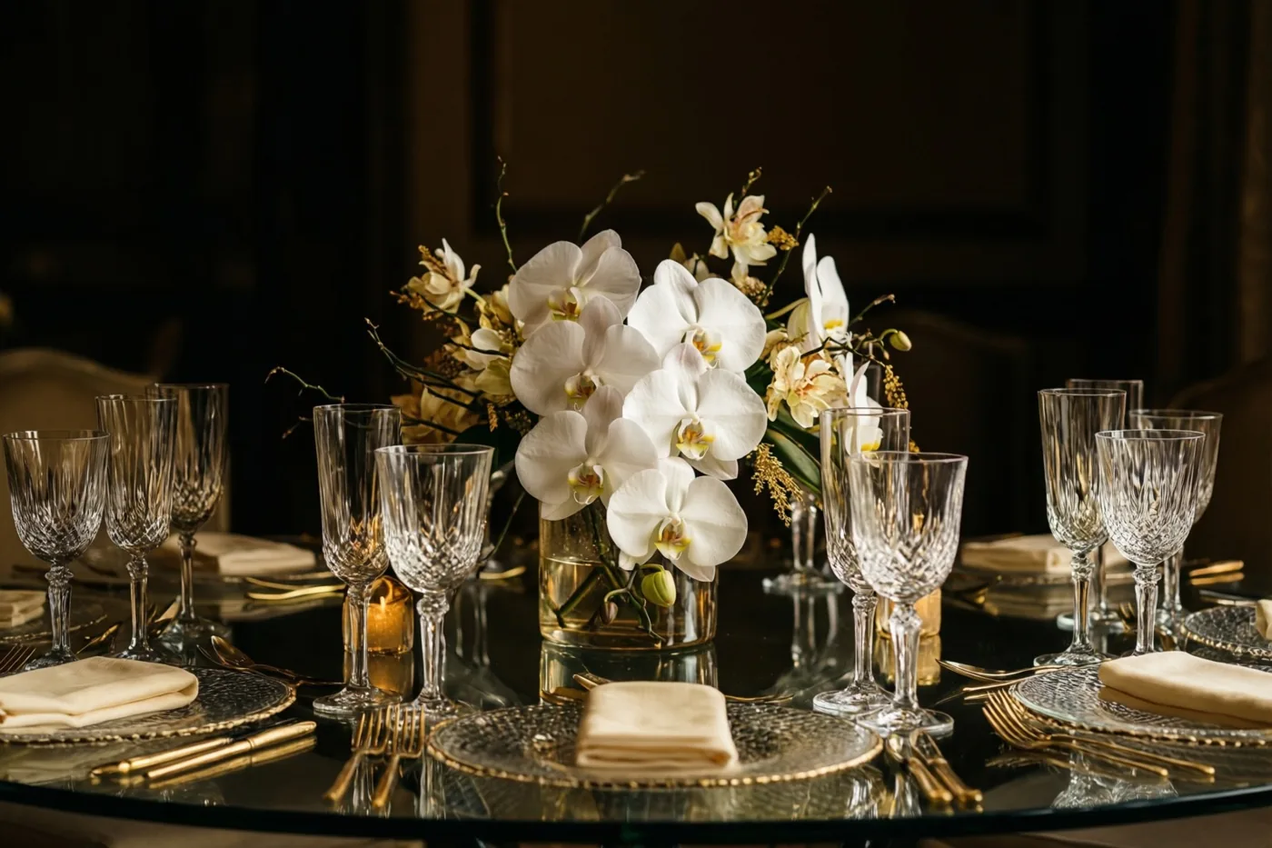 Een glazen tafel is gedekt met kristallen glazen, zilveren borden en een eenvoudig bloemstuk van witte vlinderorchideeën in warm licht.