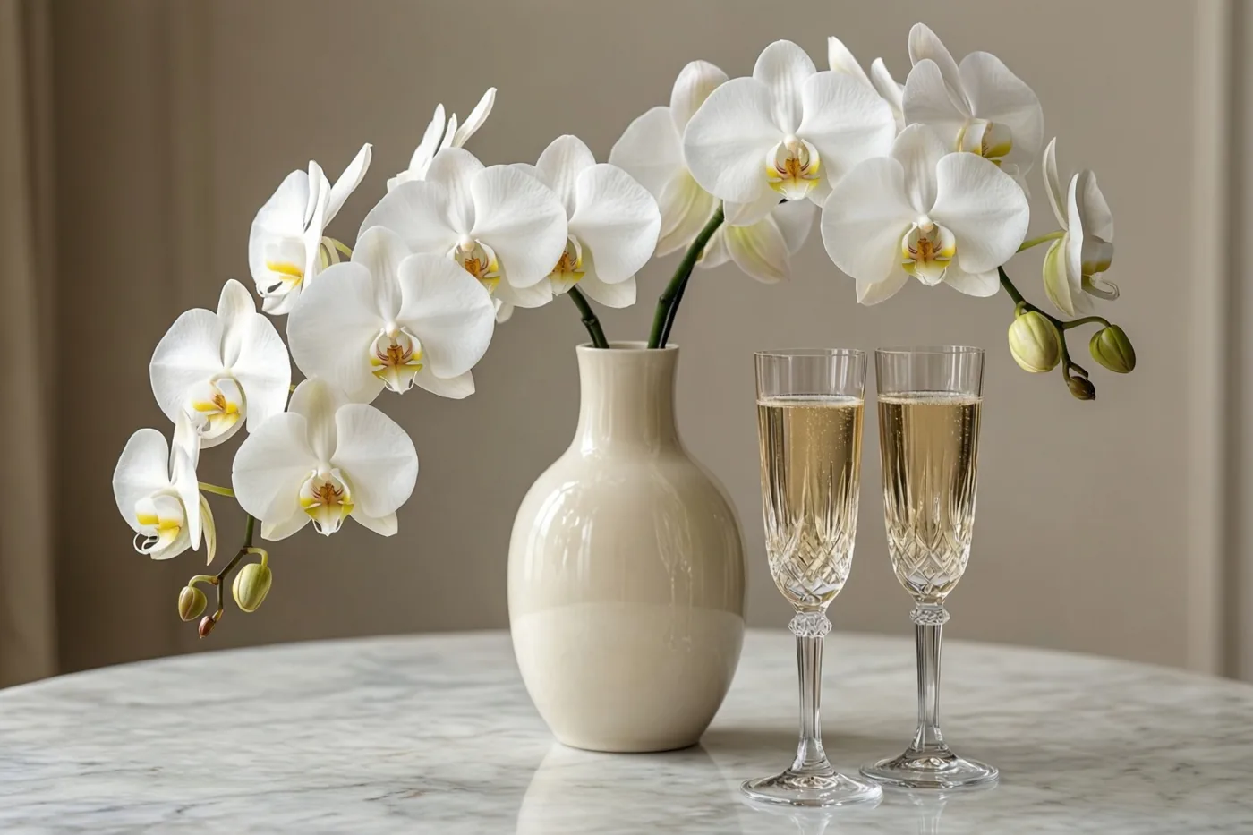 Een vaas witte orchideeën staat naast twee kristallen fluiten met champagne op een marmeren tafel tegen een beige achtergrond.