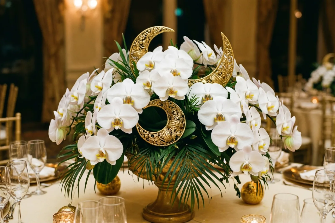 Witte orchideeën en sierlijke gouden maansikkels staan in een goudkleurige vaas in een verlichte feestzaal met glazen en gedekte tafels.