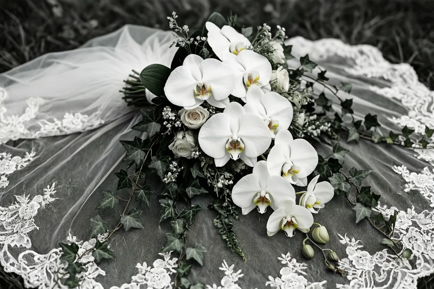 Een bruidsboeket van witte orchideeën en afhangende klimop ligt op een kanten sluier, weergegeven in een monochrome stijl met subtiele kleuraccenten.