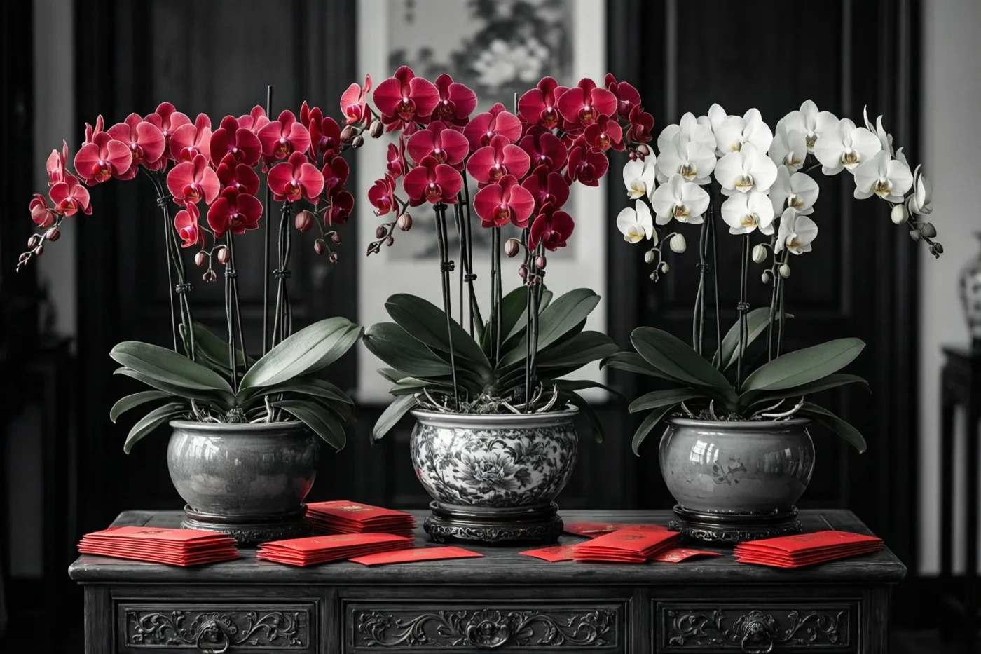 Twee rode orchideeën en één witte orchidee staan in potten op een sierlijk donkerhouten dressoir naast stapels rode enveloppen, met een ingelijst zwart-witkunstwerk aan de donkere muur.